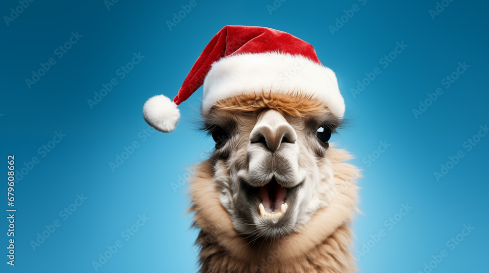 Funny alpaca in a Santa hat. Funny alpaca in a Santa hat.