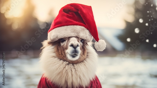 Funny alpaca in a Santa hat. © Анастасия Козырева