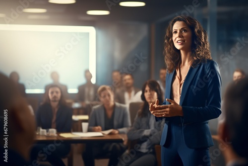 A confident female executive masterfully delivers a business presentation in a boardroom, engaging her audience during an informative workshop