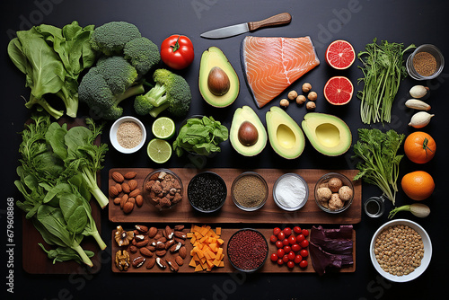 Lebensmittel
 knolling. Gesunde natürliche Bio-Lebensmittel. Frisches Gemüse und Lachs. Ketogene Ernährung. 
 knolling Zusammensetzung. Flat Lay Ansicht von Lebensmitteln