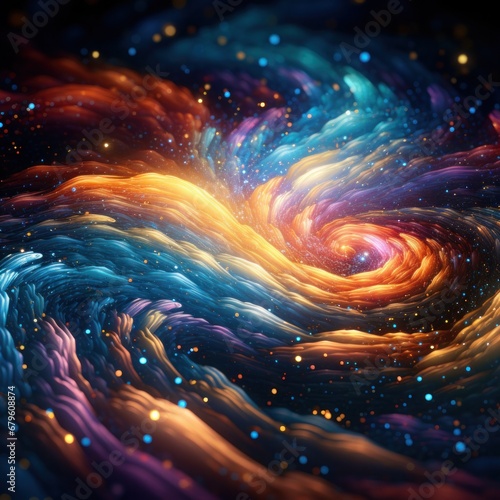 Vibrant cosmic digital art depicting swirling stars and colorful nebula formations