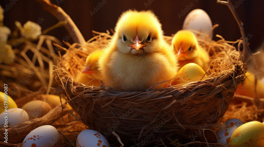 little yellow chickens in a basket and colored easter eggs.Generative AI