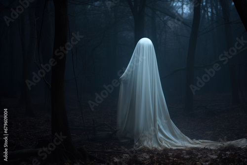 A mystical ghost in the misty woods.