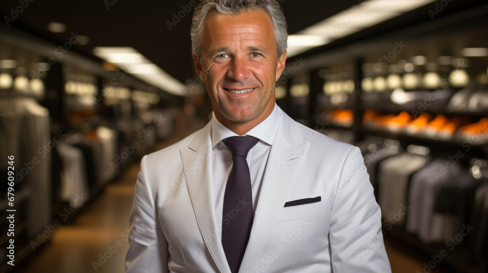 an entrepreneur of a fashion store smiles into the camera wearing a suit an entrepreneur of a fashion store smiles into the camera wearing a suit