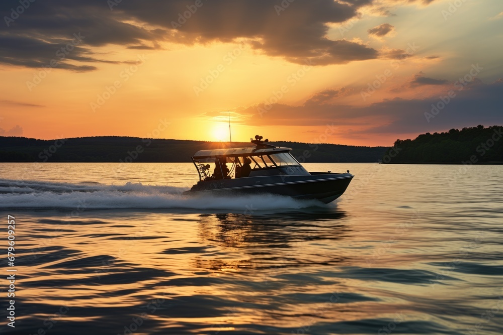 a black motorboat sailing against a sunset background