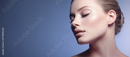 Beautiful woman with perfect clean healthy skin and makeup. Skin care, spa, cosmetology banner with copy space.