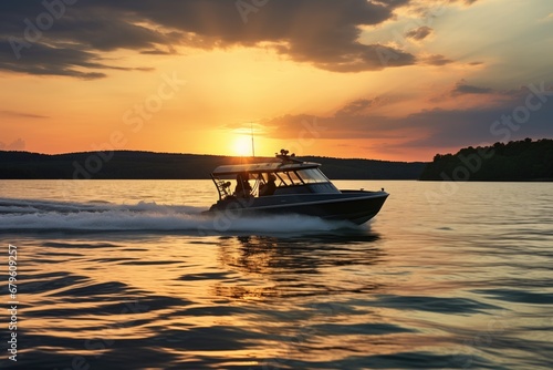 a black motorboat sailing against a sunset background