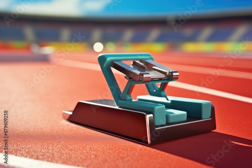 close-up of starting block position on racing track photo