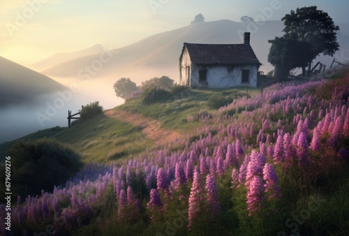 A tranquil sunrise scene with an old cottage surrounded by purple lavender fields in a misty valley