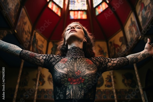 Spiritual Communion: A realistic portrayal of a tattooed woman, arms raised in adoration in an evangelical church, highlighting tattoo details. Symbolizes deep spiritual communion and reverence