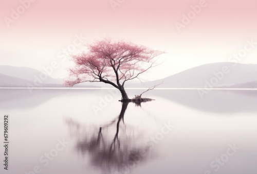 Tranquil vista of a lone tree on a tiny island, with water highlighted by gentle pink tones © mockupzord
