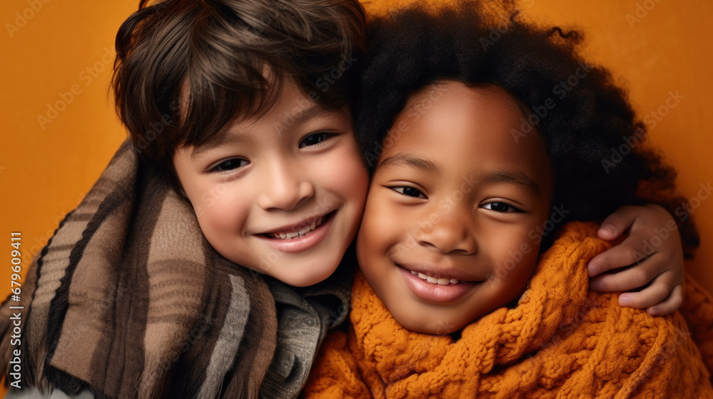 Portrait of two cute kids are smiling and hugging. Portrait of two cute kids are smiling and hugging.
