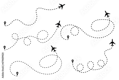Airplane line path icon, Airplane dashed line path, airplane path to location, Flight tourism route path vector.
