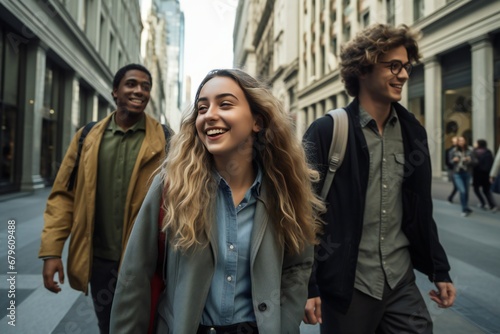 Joyful millennials commuting in an urban setting, walking together on city streets, embodying youthful energy and ambition