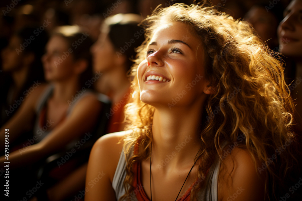 Fototapeta premium Against the background of many people, a happy woman looks relaxed and smiling, reflecting her dreams and positive emotions.