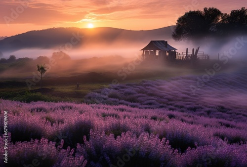 Early morning light bathes a rural house amidst a fragrant field of blooming lavender, creating a dreamy landscape