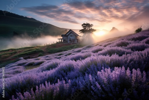 A rustic house on a lavender farm is enveloped in morning mist under the gentle warmth of a rising sun
