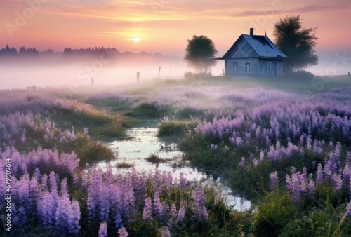 A serene sunrise scene with a quaint house amidst blooming purple flowers and misty fields