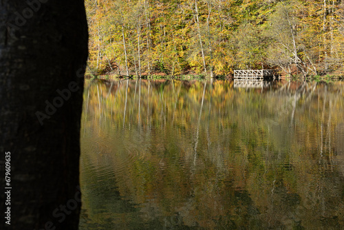 Yedigöller or Seven Lakes National Park is in Turkey.
Reflection of a lake with trees and blue sky in autumn colors. Yedigöller, Bolu.
Yedigöller in autumn. Bolu, Türkiye.
