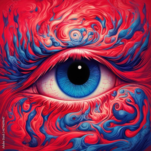 This graphic illustration depicts an eye amidst a red and blue swirling abstract pattern with a hint of intrigue