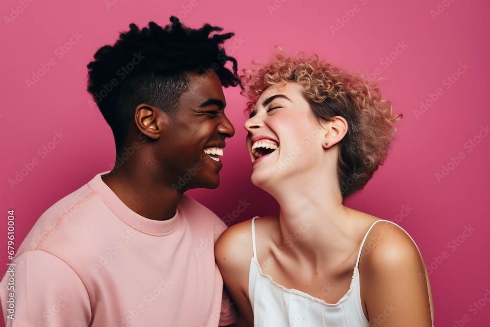 Two interracial best friends laughing and having a good time together in a studio Two interracial best friends laughing and having a good time together in a studio