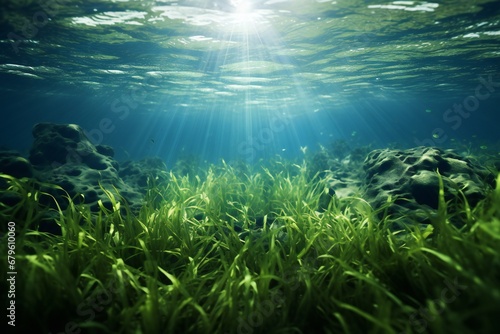 Underwater view of a group of seabed with green seagrass © JAYDESIGNZ