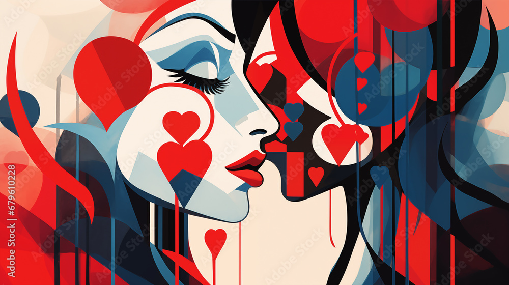 Experiment with geometric shapes and patterns to create abstract illustrations that convey the theme of love.