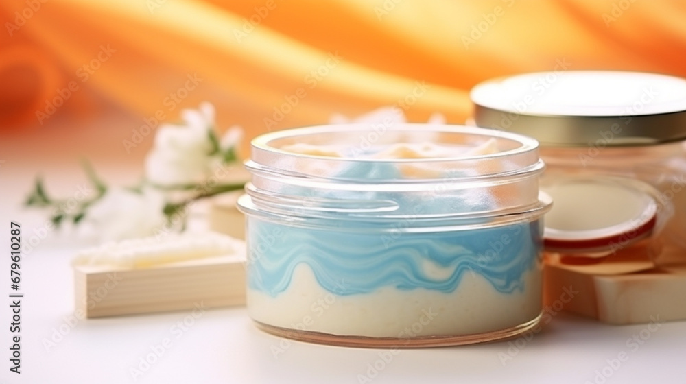 glass jar with herbal or flower cream.Generative AI glass jar with herbal or flower cream.Generative AI