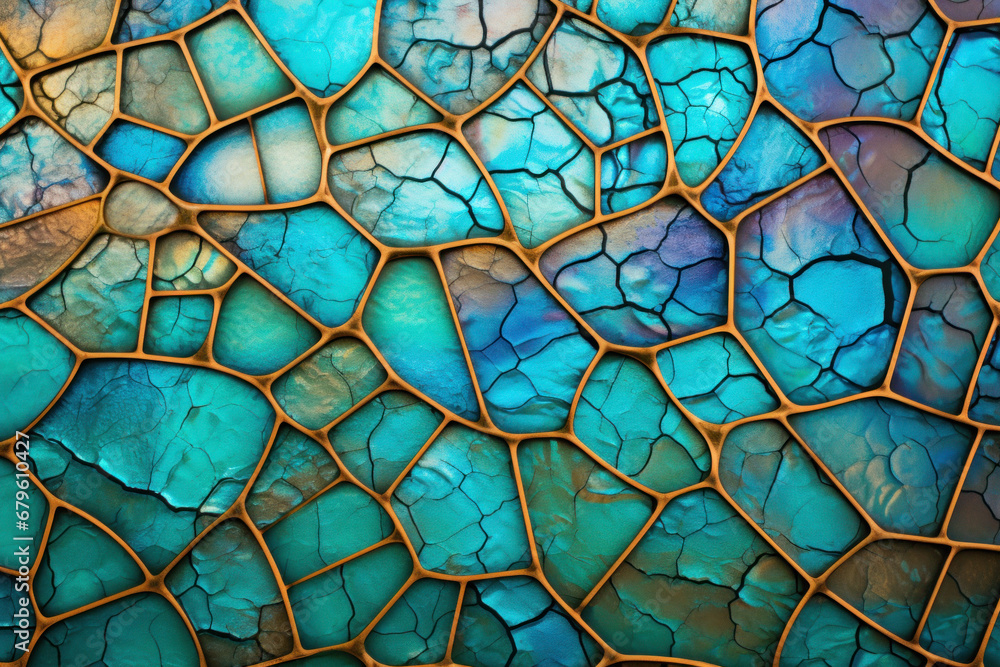 Abstract textured background with cracked blue mother-of-pearl under a metallic mesh. Abstract textured background with cracked blue mother-of-pearl under a metallic mesh.