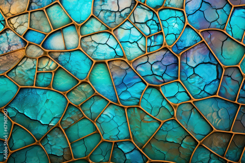 Abstract textured background with cracked blue mother-of-pearl under a metallic mesh.