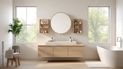 a mirror in a simple bathroom  designed in a modern minimalist style. Emphasize clean lines  uncluttered spaces  and the subtle elegance of a well-curated minimalist interior.