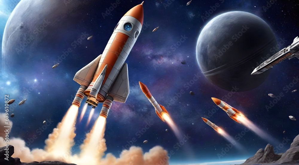 Naklejka premium Rocket flying through space