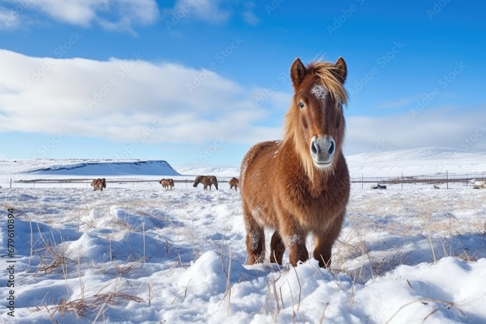 icelandic horse in a snow-covered field - obrazy, fototapety, plakaty 