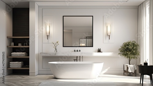 a mirror in a simple bathroom  designed in a modern minimalist style. Emphasize clean lines  uncluttered spaces  and the subtle elegance of a well-curated minimalist interior.