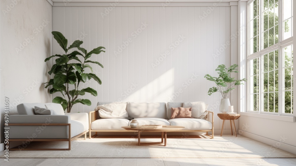 Obraz premium a minimalist interior with a realistic photo showcasing a living room. Feature a soft sofa, coffee table, lamp, and greenery bathed in ample lighting.