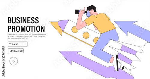 Businessman riding rocket on arrow through obstacles to his goal. Business development, career success or growth and opportunity, startup concept banner, landing web page. Creative trendy character.
