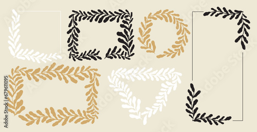 Flower or seaweeds abstract shape ornament frame set. Trendy abstract botanical floral design elements or border for social media. Modern hand drawn naive interior decorations, graphic collection.