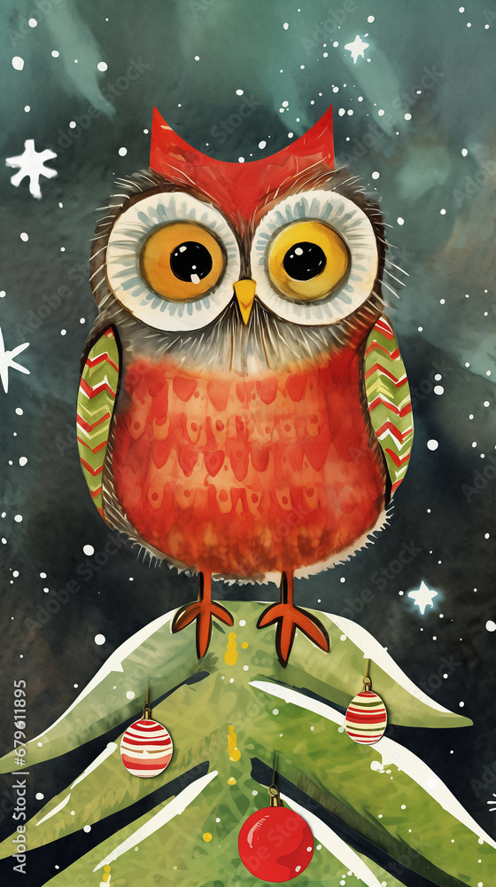 Colorful wise old Owl outside in the winter snow, Christmas spirit, merry and peacefully enjoying the cold tranquil night, bright red colorful feathers - art illustration on canvas.   