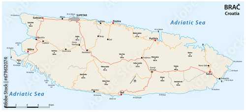 Vector road map of Croatian island Brac