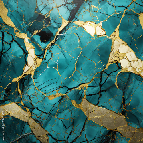 Turquoise and gold chrome are the most beautiful abstract artwork mosaics, with mineral marble textures style, featuring bold golden outlines.