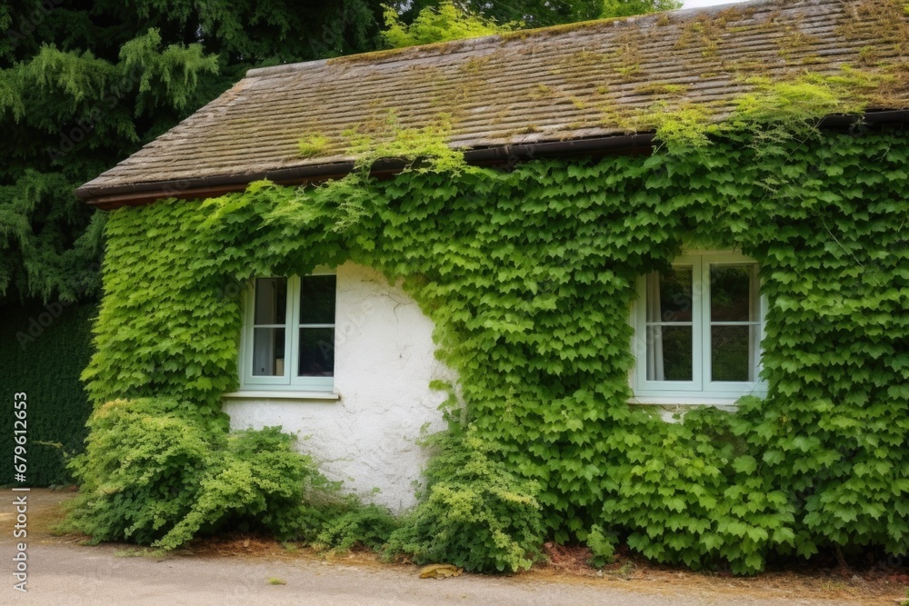 dense ivy foliage set against a beige cottage wall
