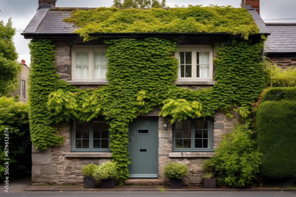 stone cottage facade partially concealed by green ivy