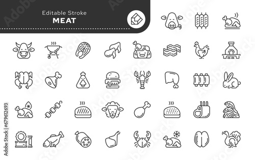 Meat and meat products. Beef, pork, chicken, lamb. A series of contour web icons in a linear style for an application and a website. Outline iconography.