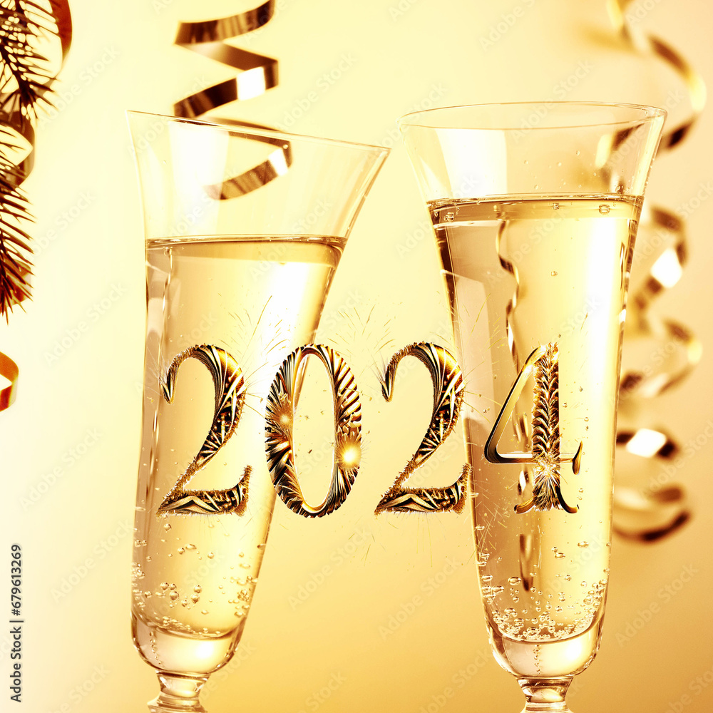 2024 glasses of champagne New Year's party, square Stock Photo Adobe