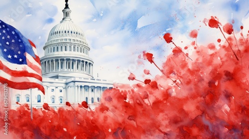 watercolor illustration of Washington DC Capitol dome detail with waving american flag and poppies red flowers. Remembrance and armistice day, Memorial Day , Independence Day
