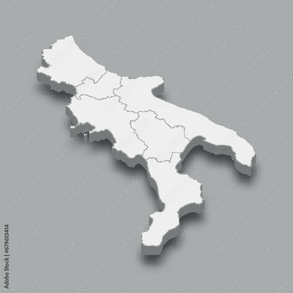 3d isometric map South Region of Italy,