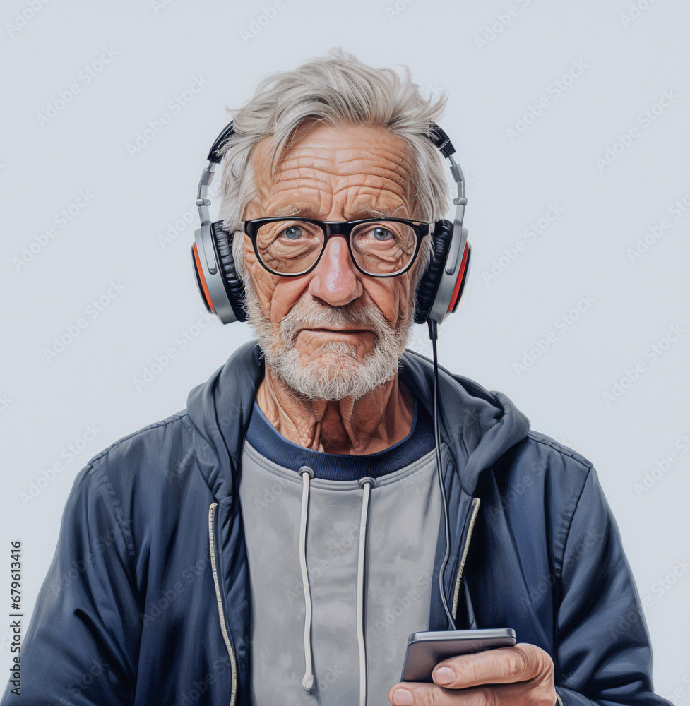 Smutny starszy mężczyzna, 70+  w okularach ze słuchawkami na uszach. - obrazy, fototapety, plakaty 