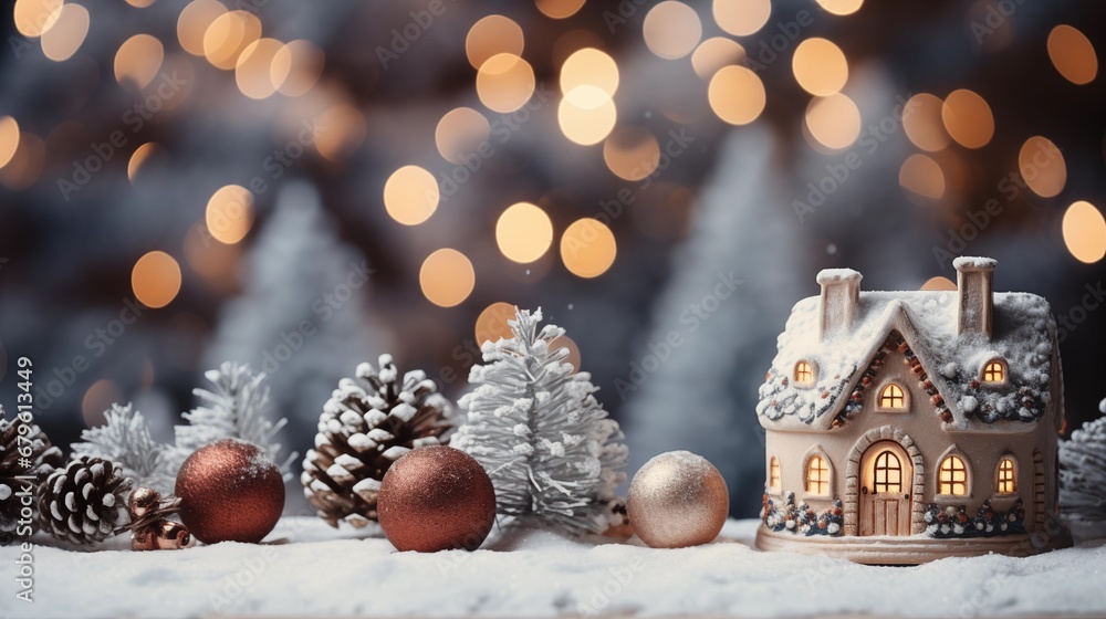 toy houses on a snowy background, christmas decorations, lights, bokeh