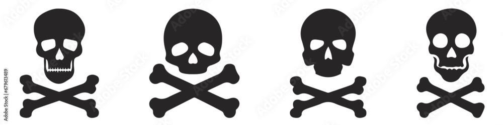 Fototapeta premium Vector Black Skull Icon Set Isolated. Skulls Collection with Outline in Front View. Hand Drawn Skull Head Design Template