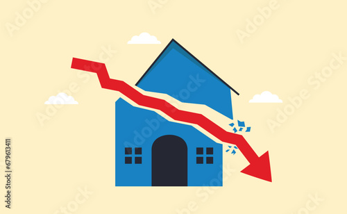 Real estate debt or property prices drop. The concept of low cost real estate. Housing crisis, Arrow graph hitting the house.